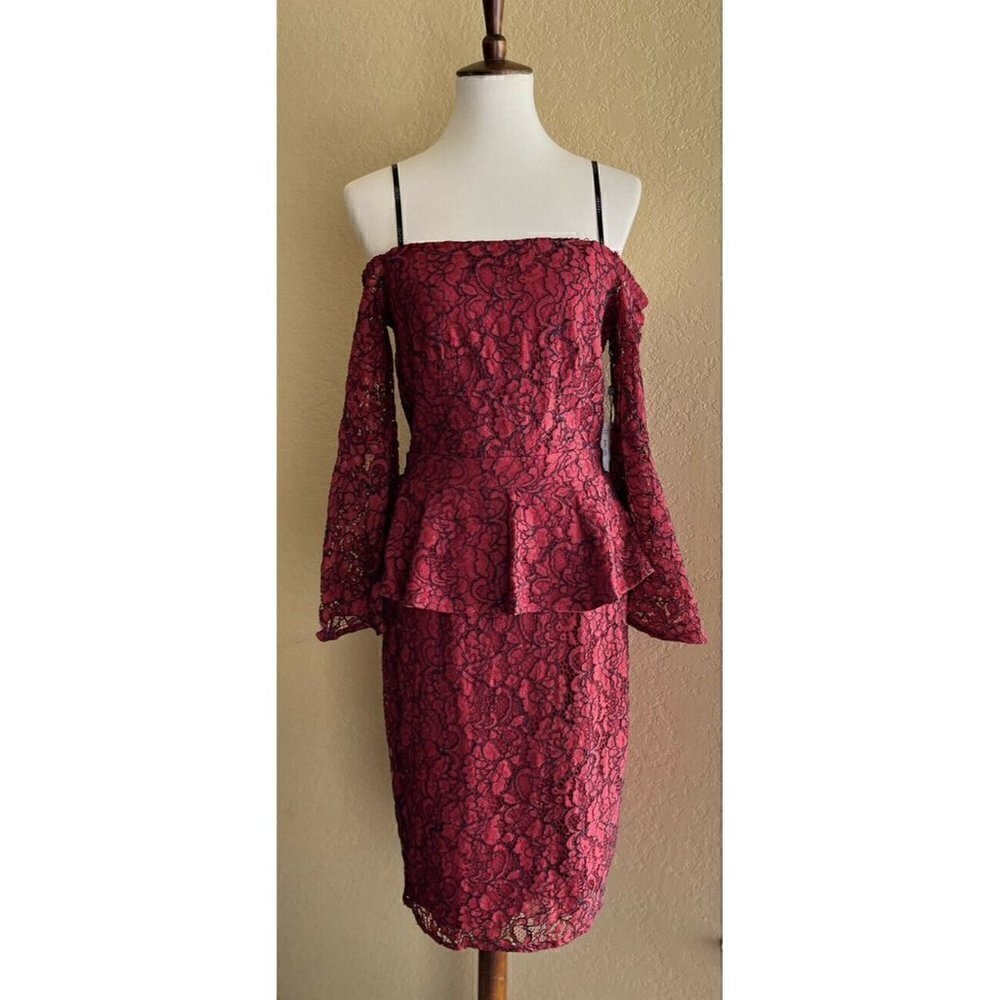 Laundry by Shelli Segal Women Red Peplum Lace Off-the-shoulder Cocktail Dress 6 - Picture 2 of 10